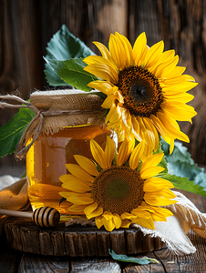 木质背景上装有蜂蜜北斗七星和向日葵的罐子里的蜂蜜