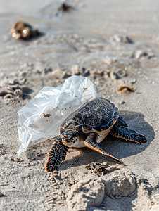 污染塑料袋摄影照片_海龟吃塑料袋海洋污染概念