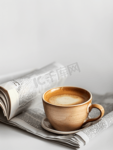 新闻背景摄影照片_白色背景下有报纸的咖啡杯
