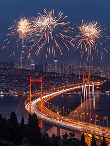 红色庆祝烟花摄影照片_土耳其伊斯坦布尔博斯普鲁斯海峡大桥烟花