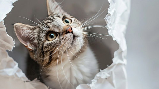 猫在纸边的破洞里抬头看摄影配图