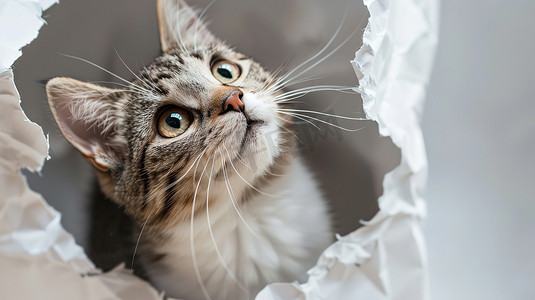 抬头看摄影照片_猫在纸边的破洞里抬头看摄影配图