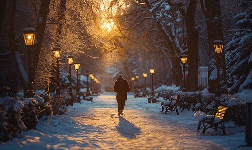 冬季傍晚的公园寒冷天气里人们沿着公园小路散步
