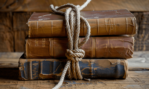 用绳子绑着的老式精装书的构图