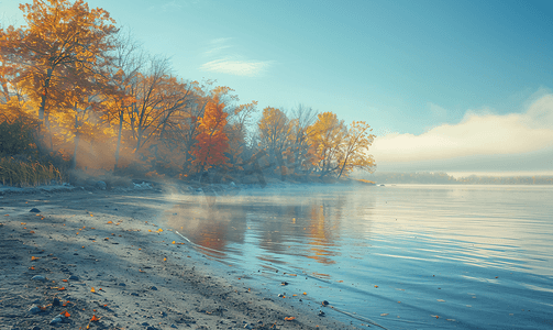 宁静湖畔的晨雾