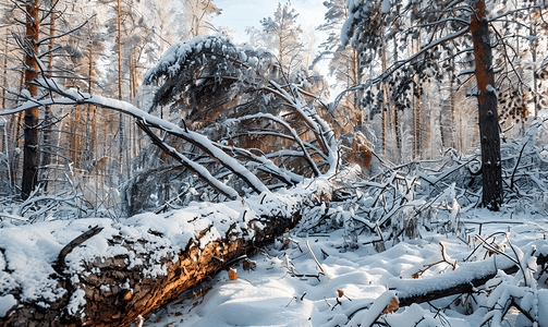 冬季倒下的树树枝上的积雪云杉树倒下冬季森林