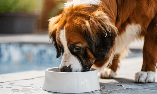 口渴摄影照片_炎热的夏日口渴的圣伯纳德狗在户外喝白碗