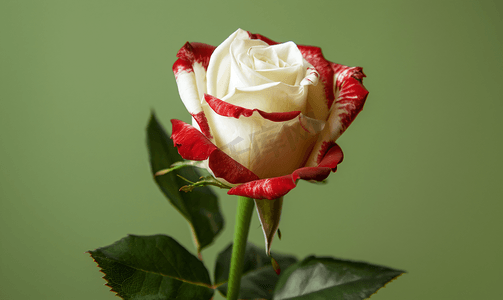 红色花束摄影照片_绿色单朵天然白红玫瑰
