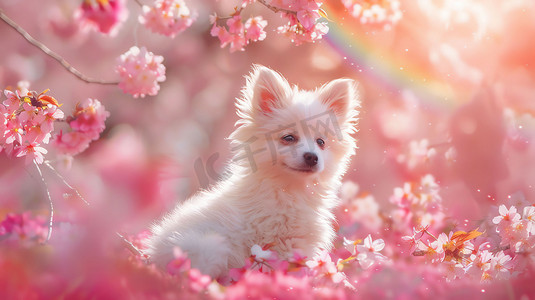 粉色花朵彩虹小狗摄影照片