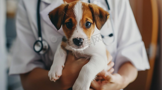 兽医抱着可爱小狗摄影图