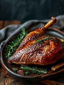 感恩节火鸡卡通摄影照片_盘子上的烤火鸡腿和木质背景