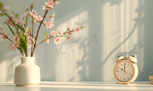 下午时钟摄影照片_桌上装饰有植物群的数字时钟
