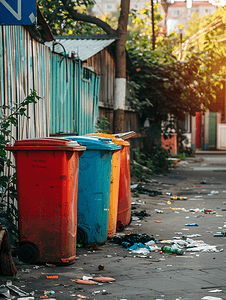市区的垃圾桶和垃圾填埋场村里的塑料垃圾箱