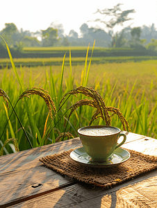 木桌上和稻田背景上的一杯热茶