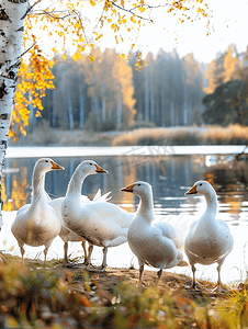 绿色鹅摄影照片_农场里的鹅幼鹅与白桦树池塘岸边的白鸟
