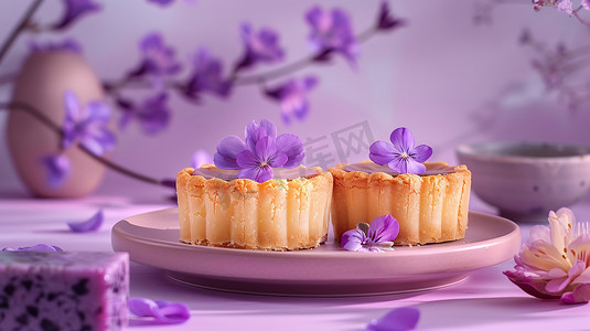 蛋挞点心紫色花瓣照片