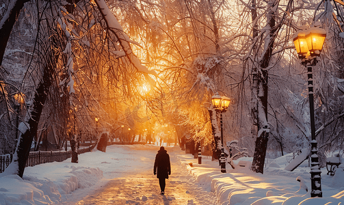 冬季傍晚的公园寒冷天气里人们沿着公园小路散步