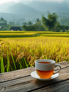 木桌上和稻田背景上的一杯热茶