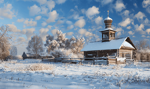 古摄影照片_冬季苏兹达尔的木制圣尼古拉斯教堂