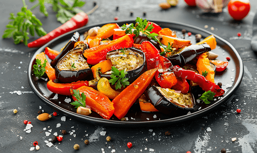 素食烧烤摄影照片_水泥背景黑色盘子上烤蔬菜茄子辣椒和胡萝卜