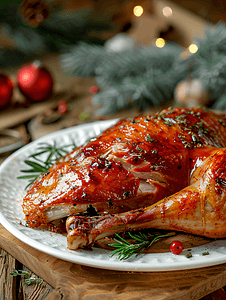 感恩节火鸡卡通摄影照片_盘子上的烤火鸡腿和木质背景