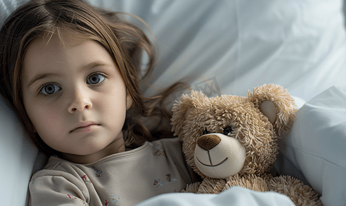 小女孩摄影照片_抱着玩偶熊的小女孩生病住院