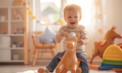 一个快乐的孩子骑着摇马的照片