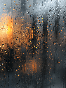 在湿玻璃上画画有雾的窗户玻璃表面反射温暖的光
