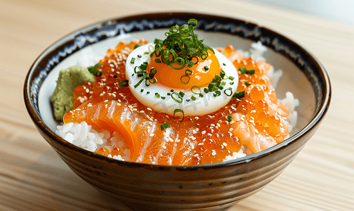 新鲜鲑鱼配鸡蛋盛在碗装日式米饭上配以鲑鱼籽盖饭