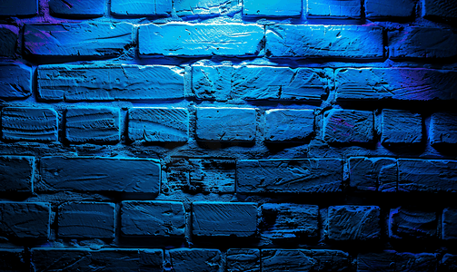 发光蓝色摄影照片_砖墙背景蓝色霓虹灯