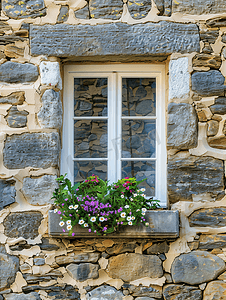 一扇白色窗框的窗户棕色的石墙上嵌着一个花箱