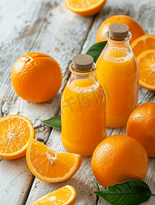 玻璃瓶中的橙汁和白色木质乡村背景中的新鲜橙子