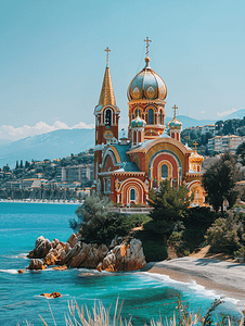 俄罗斯大教堂摄影照片_尼斯圣尼古拉斯东正教大教堂景观