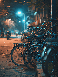夜晚路边停放的自行车