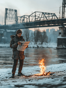盖伊在桥的背景里读着一份燃烧的报纸