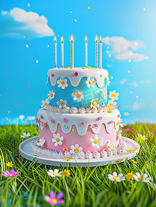 双层白色粉蓝色生日蛋糕高清摄影图