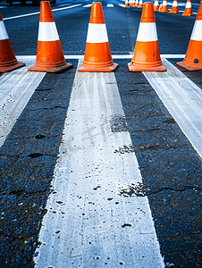 交通锥围栏内的人行横道条纹道路标记