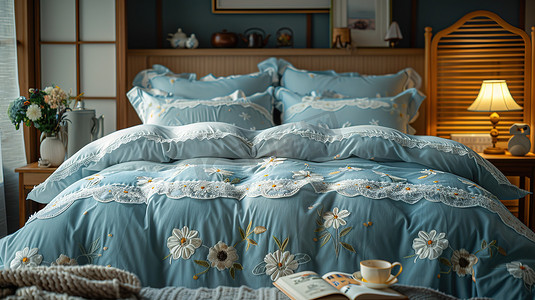 温暖舒适的卧室浅蓝色蓬松被子摄影照片