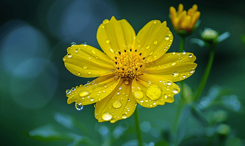 被雨滴压垮的黄色波斯菊