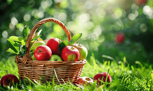 新秋季上新摄影照片_绿草上篮子里的红绿新摘苹果
