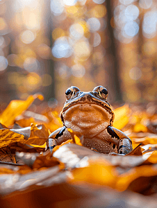 井里的青蛙摄影照片_秋季垃圾中的普通青蛙