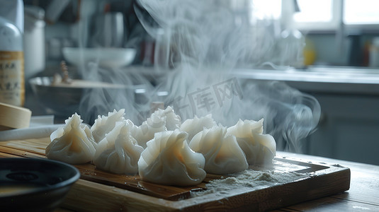 厨房做饺子摄影照片_厨房板子上的饺子高清图片