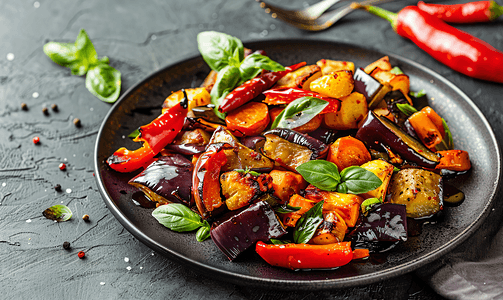 水泥背景黑色盘子上烤蔬菜茄子辣椒和胡萝卜