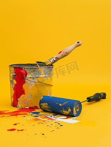 油漆打叉摄影照片_画家滚筒刷和装有油漆的桶