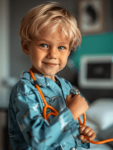 实际游戏身着医疗制服的小男孩玩听诊器橙色全景背