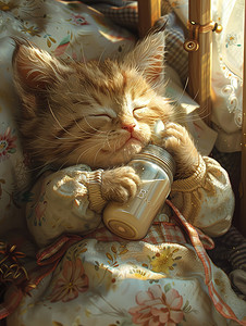 小猫抱着奶瓶睡觉高清摄影图