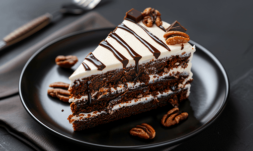 黑森林小蛋糕摄影照片_黑盘上放着一块新鲜美味的蛋糕上面有坚果和巧克力