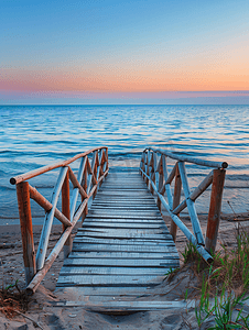海滩上的一座木桥在蓝色夏日天空的日出时通向大海
