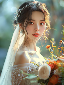 婚礼花束的新娘子摄影照片