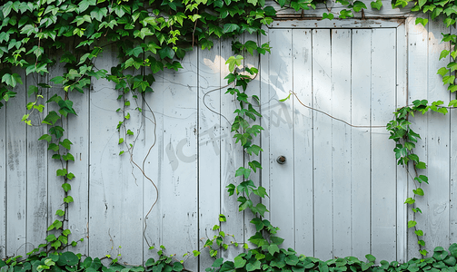 木墙外部背景上有叶子常春藤的白色门